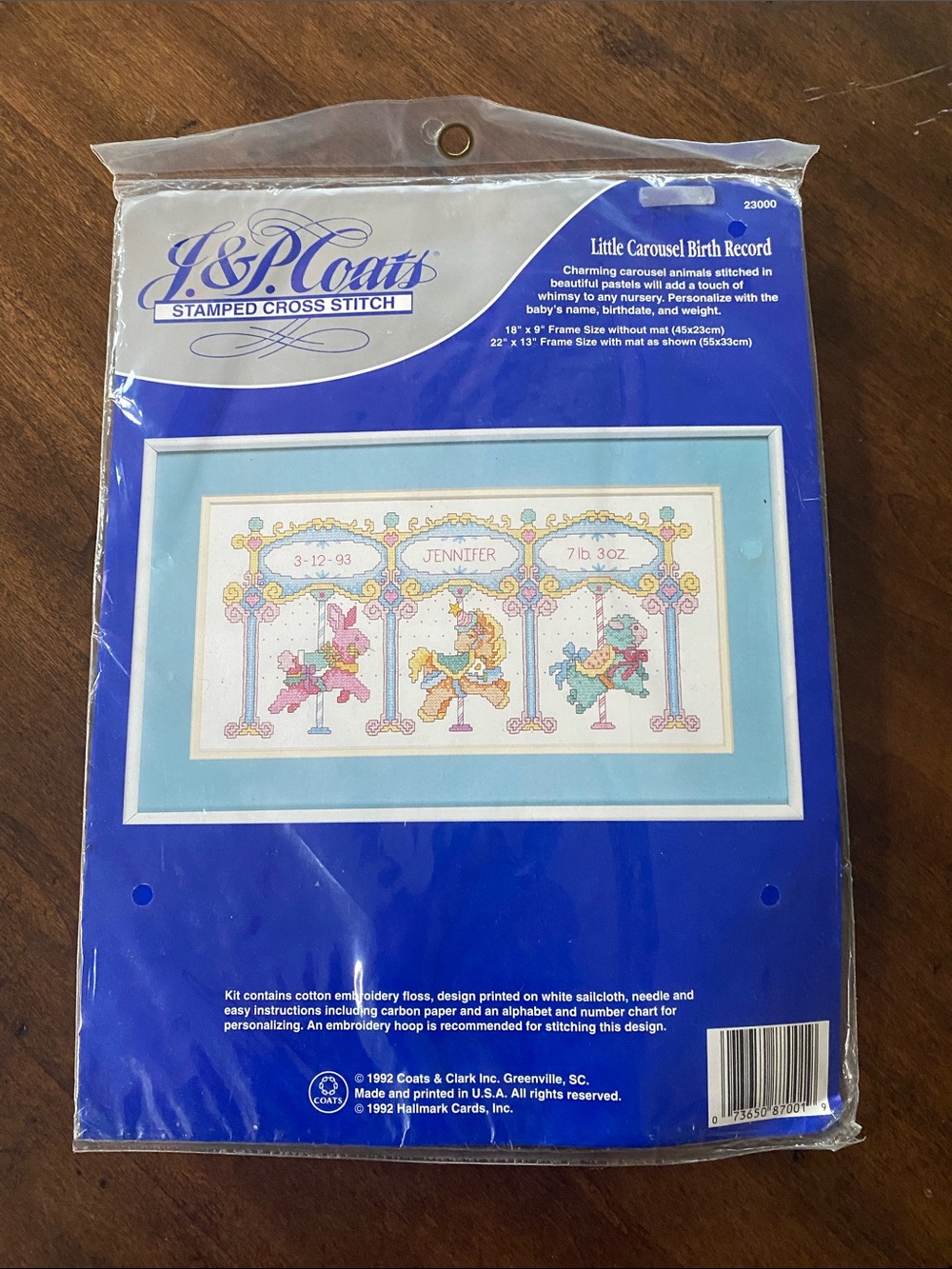 J. & P. Coats • Little Carousel Birth Record • Stamped Crosd Stitch Kit